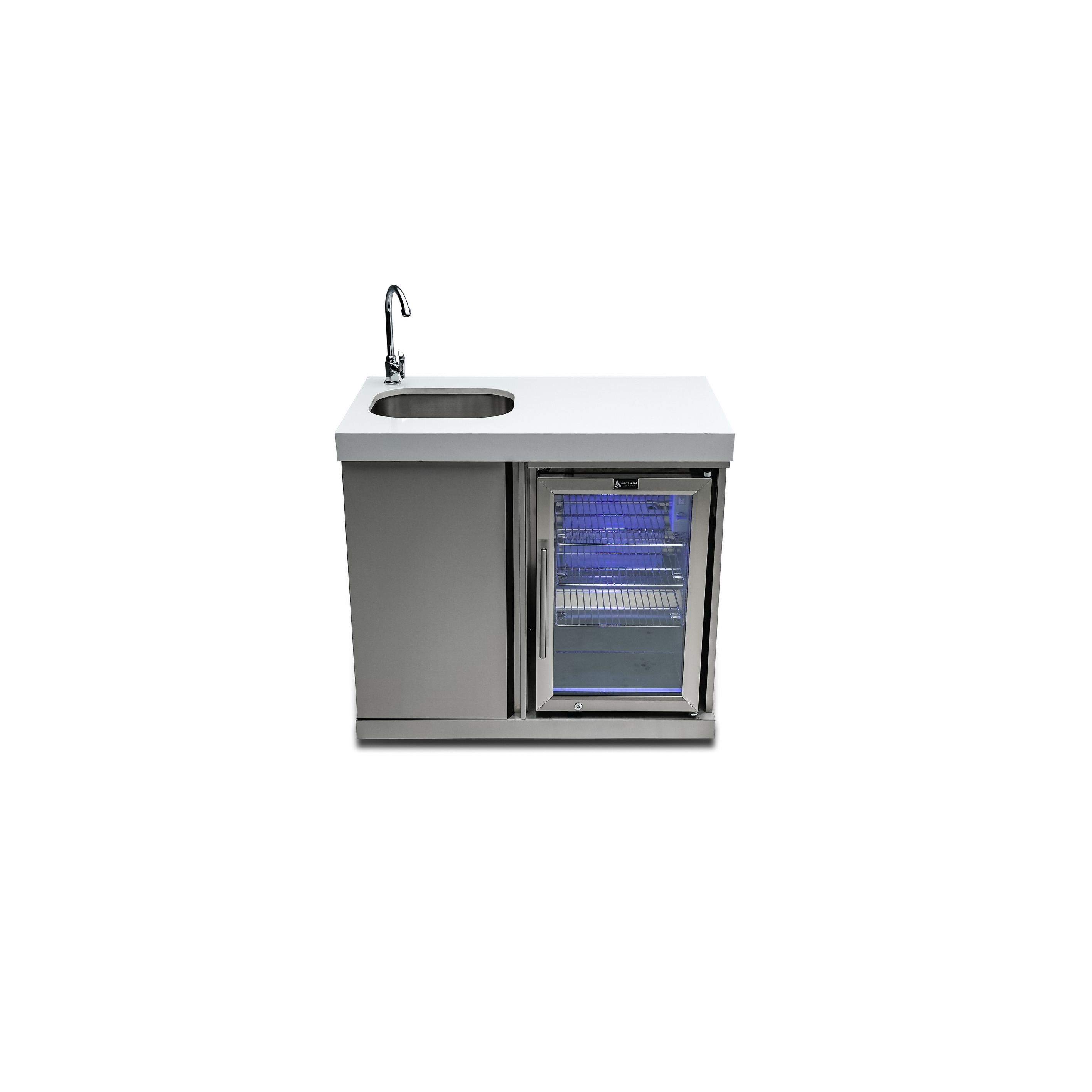 Mont Alpi MASF-SS Stainless Steel Beverage Center Cabinet Module with Outdoor Refrigerator Faucet and Sink + Storage Cabinet