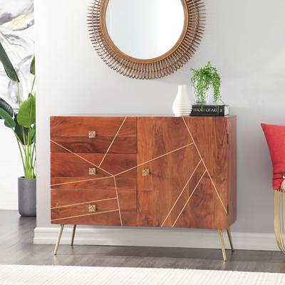 Brown Wood With Gold Accents Mid Century Modern Glam Buffet Cabinet - 46 x 16 x 36