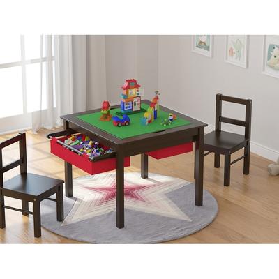 UTEX-2 in 1 Kids Activity Lego Table Set with Storage, Kids Table with 2 Chairs, Espresso with Red Drawer