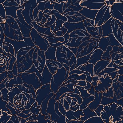 Dark Navy Blue Daffodil Blossom Peonies Removable Wallpaper - 24'' inch x 10'ft