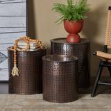 Brown Metal Handmade Accent Table with Hammered Design (Set of 3)