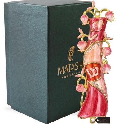 Matashi Hand Painted Red & Pink Enamel Mezuzah Embellished with a Pomegranate Floral Design with Gold Accents Quality Crystals