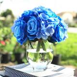 Enova Home Blue Artificial Silk Roses and Hydrangea Fake Flowers Arrangement in Clear Glass Vase with Faux Water