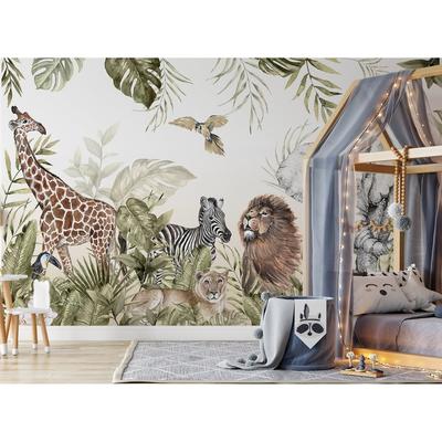 GK Wall Design Wildlife in the Tropical Jungle Safari Lion Leopard Elephant Giraffe Zebra Bird Wallpaper