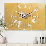 Designart 'Gold Bird on Blossoms I' Cottage 3 Panels Oversized Wall CLock - 36 in. wide x 28 in. high - 3 panels