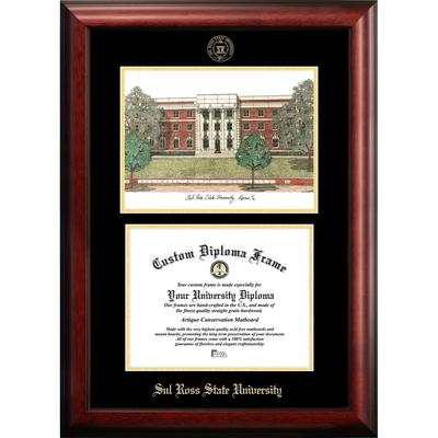 Sul Ross State University 11w x 8.5h Gold Embossed Diploma Frame with Campus Images Lithograph