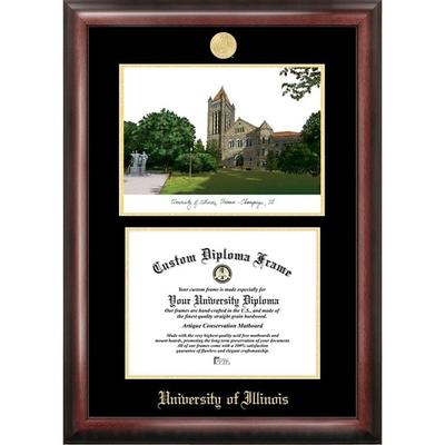 University of Illinois, Urbana-Champaign 11w x 8.5h Gold Embossed Diploma Frame with Campus Images Lithograph