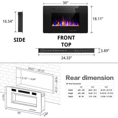 Electric Fireplace Heater Recessed Wall-mounted w/ RC (750-1500W)