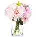 Enova Home Artificial Mixed Fake Silk Roses and Dahlias Flowers Arrangement in Clear Glass Vase with Faux Water For Home Decor