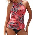 Yonique High Neck Tankini Swimsuits for Women Halter Bathing Suits Two Piece Floral Print Swimwear - red - Medium