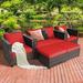 Latitude Run® 5 Piece Rattan Sofa Seating Group w/ Cushions Synthetic Wicker/All - Weather Wicker/Metal/Wicker/Rattan in Brown/Red | Outdoor Furniture | Wayfair