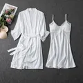 Ensemble pyjama 2 pièces en dentelle pour femmes blanc Kimono chemise de nuit Sexy motif floral