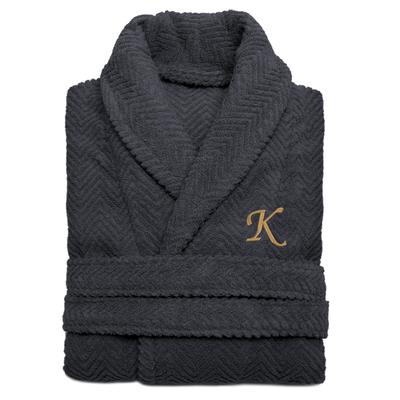 Authentic Hotel and Spa Charcoal Grey with Gold Monogrammed Herringbone Weave Turkish Cotton Unisex Bath Robe