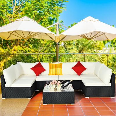 Costway 7PCS Patio Rattan Furniture Set Sectional Sofa Cushioned Glass - 7-Piece Sets