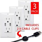 White 4.8A High Speed Dual USB Charger Outlet 15A Receptacle w/ Wall Plate, Tamper Resistant Fast Charging Electrical (3 Pack)