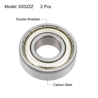 6202ZZ Deep Groove Ball Bearings Z2 15x35x11mm Double Shielded Carbon Steel 2pcs