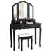 Tri Folding Mirror Vanity Table Stool Set with 4 Drawers-Black - 35" x 16" x 57"(L x W x H)