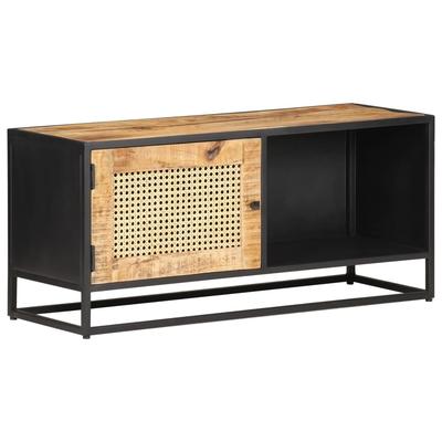 vidaXL TV Stand 35.4"x11.8"x15.7" Rough Mango Wood and Natural Cane - 35.4" x 11.8" x 15.7"