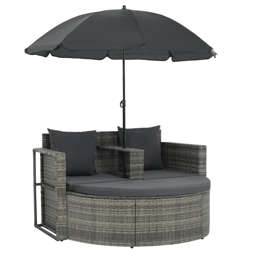 vidaXL Gartenbett mit Sonnenschirm Grau Poly Rattan Image