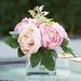 Primrue Artificial Silk Peony Flower Arrangement In Clear Glass Vase w/ Faux Water Faux Silk in Indigo/Pink | 7 H x 7 W x 7 D in | Wayfair