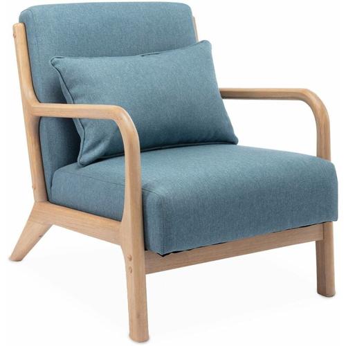 Sessel aus Holz und Stoff – Lorens, Polyester, Blau – Blau – Sweeek