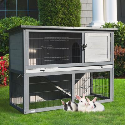 PawHut 43" L Wooden Rabbit Hutch Bunny Cage Small Animal House Enclosure with Ramp, Removable Tray and Weatherproof Roof