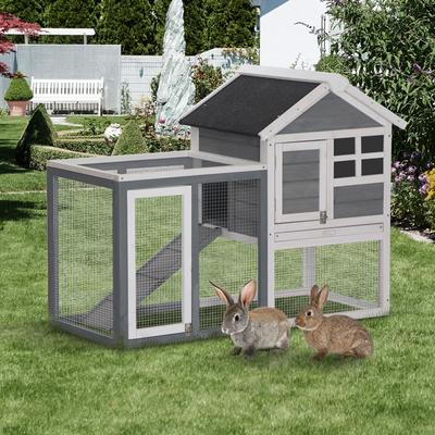 PawHut 48" Wooden Rabbit Hutch Bunny Cage with Waterproof Asphalt Roof, Fun Outdoor Run, Removable Tray and Ramp