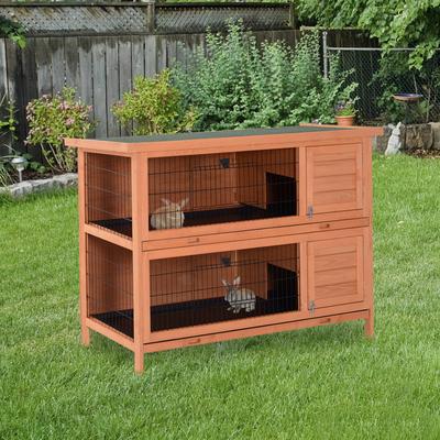 PawHut 54" 2-Story Rabbit Hutch Bunny Cage Wooden Pet House Small Animal Habitat w/ Lockable Doors, No Leak Tray