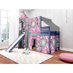 Zoomie Kids Johannes Solid Wood Twin Low Loft Bed w/ Ladder Slide Tent & Tower in Pink/Blue | 87.5 H x 80 W x 84.75 D in | Wayfair