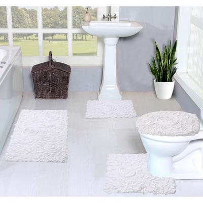 Bell Flower Collection 100% Cotton Non-Slip Bathroom Rug Set, Washable Bath Rug, 4 Piece Bath Mat Set with Toilet Lid Cover