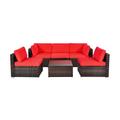 Costway 6 Pieces Patio Rattan Furniture Set with Cushions and Glass Coffee Table-Red