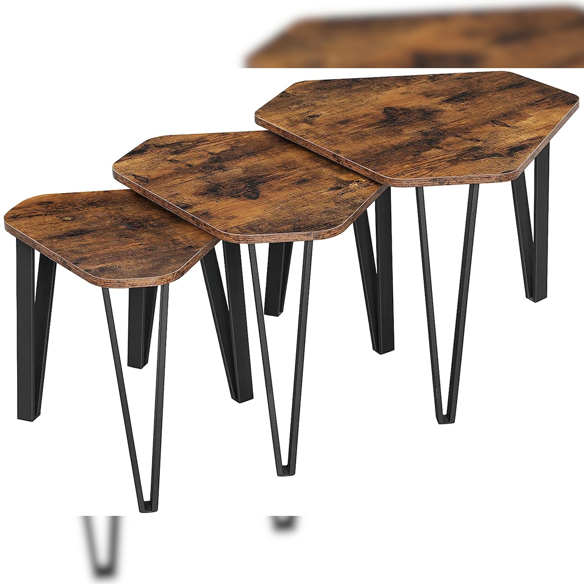 UAC 3er Set Beistelltisch mit Metallbeinen, Satztische Couchtisch, einfacher Aufbau, Industrie-Design, dreieckig, vintagebraun-schwarz Image