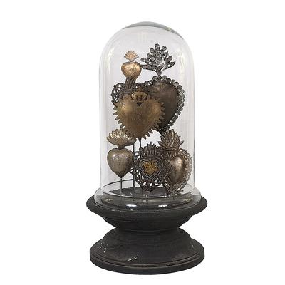 Decorative Tin Sacred Hearts on Wood Pedestal with Glass Cloche