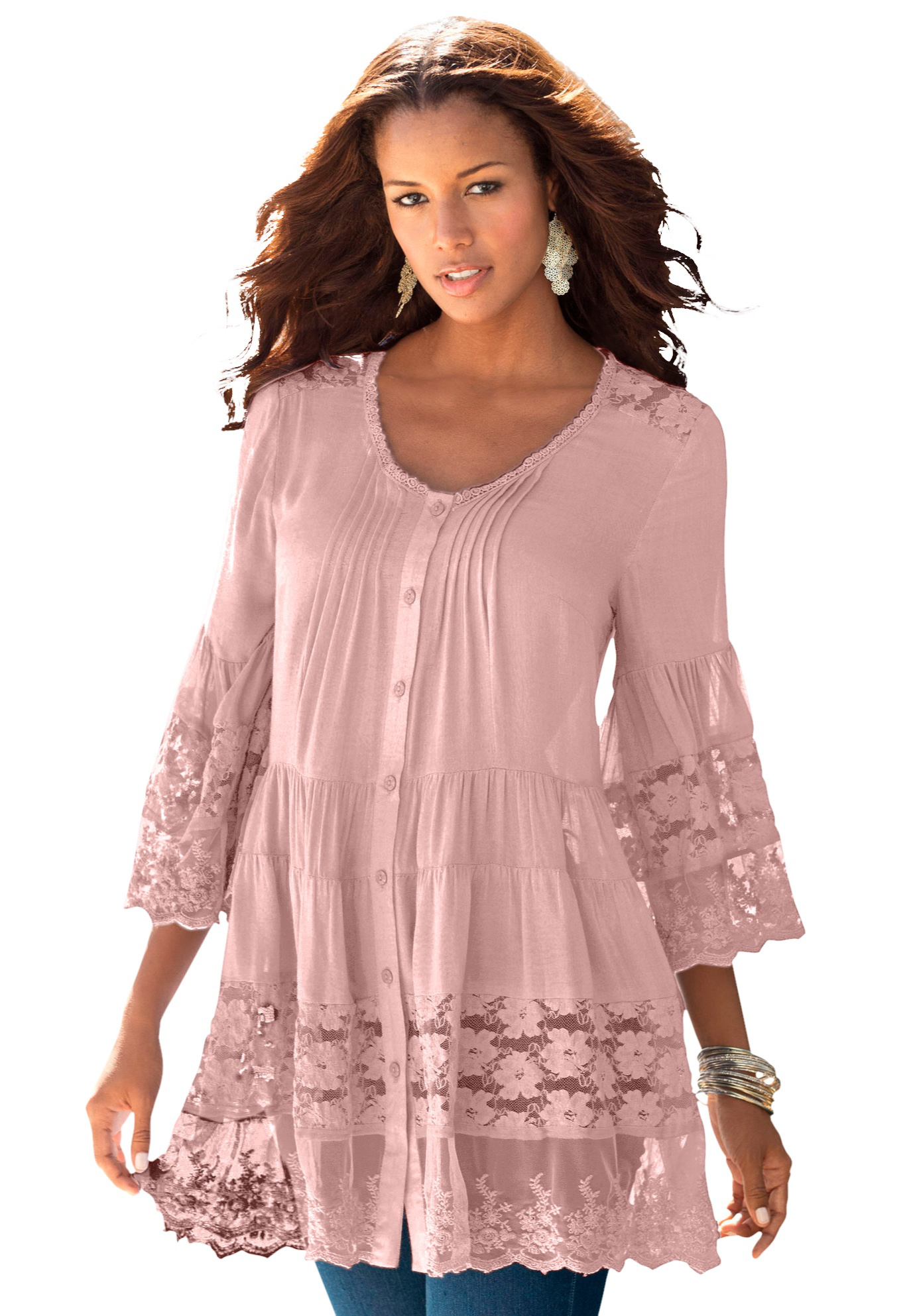 Plus Size Women's Lace Illusion Blouse by Roaman's in Soft Blush (Size 24 W) Long Shirt Blouse