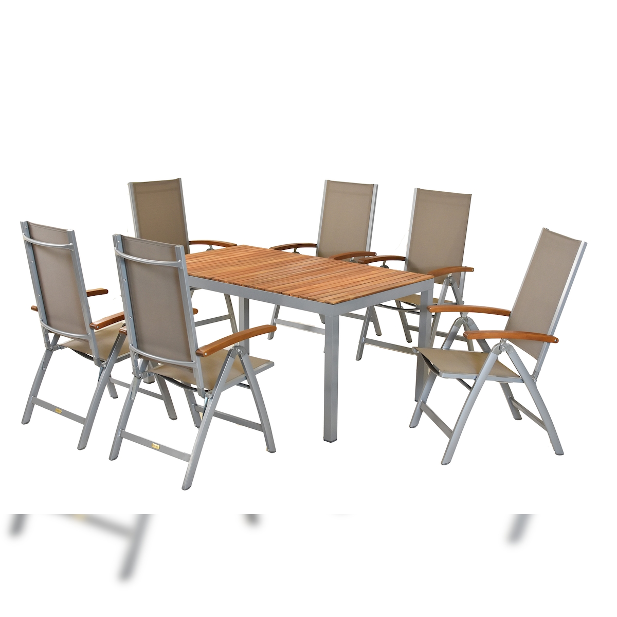 Merxx Naxos Set 7tlg., 6 Klappsessel, 1 Tisch 150x90 cm, Aluminium/Textil/Akazie, Grau Image