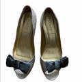 J. Crew Shoes | Euc J. Crew Lulu Metallic Leather Peep Toe Heels. | Color: Silver | Size: 7.5