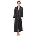 YAOMEI Two-Piece Women’s Nightdress & Dressing Gown Pyjamas Set Satin Full Length, Silky Long Sleeves Kimono Robe Nighties Set Sleepwear Nightwear Lingerie Robes Chemise (L, Black)