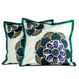 Handmade Teal Bouquet Polyester Applique Cushion Cover Pair (India)