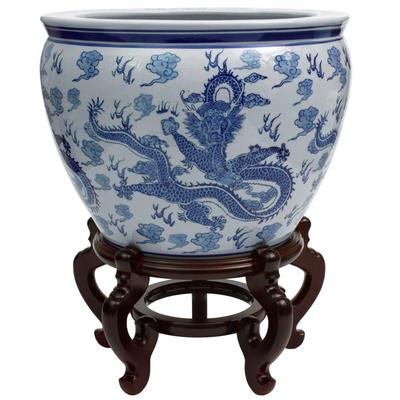 Handmade 16" Dragon Blue and White Porcelain Fishbowl