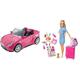 Barbie DVX59 - Cabrio Fahrzeug, in pink, mit Platz für 2 Puppen, Puppen Zubehör, ab 3 Jahren & FWV25 - Reise Puppe mit blonden Haaren inkl. Reisezubehör und Hündchen