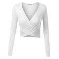 MSBASIC Women’s Long Sleeve Crop Top Deep V Neck Slim Fit Cross Wrap Shirts Crop Tops Shirt White X-Small