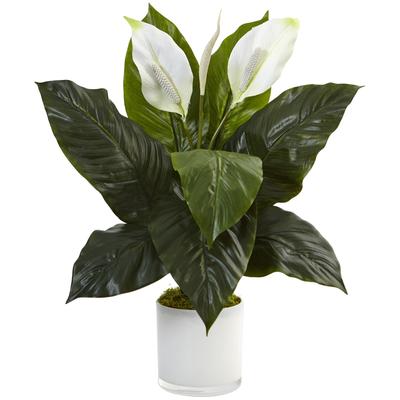 Nearly Natural Silk Artificial Spathifyllum in Glossy Glass Planter