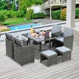 Outsunny 9 Piece Outdoor Rattan Wicker Dining Table and Chairs Furniture Set Space Saving Wicker Chairs w/ Cushions