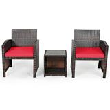 Costway 3 Pieces PE Rattan Wicker Furniture Set with Cushion Sofa Coffee Table for Garden-Red