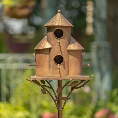 Plump Cylinder Triple Birdhouse Stake- Copper Finish