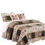 Douro Fabric 4 Piece Twin Quilt Set with Floral Print and Scalloped Edges,Brown