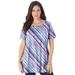 Plus Size Women's Swing Ultimate Tee with Keyhole Back by Roaman's in Grape Watercolor Stripe (Size 2X) Short Sleeve T-Shirt
