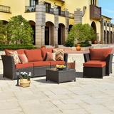 Red Barrel Studio® Patio 6 Piece Rattan Sofa Seating Group w/ Cushions Synthetic Wicker/All - Weather Wicker/Wicker/Rattan in Orange | Wayfair
