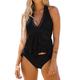 Beachsissi Women Soild Color Two Piece Bikini Halter Neck Ruffle Hem Beachsuits Lace Panel Cute Tankini Sets, Black, XL