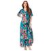 Plus Size Women's Flutter-Sleeve Crinkle Dress by Roaman's in Teal Watercolor Bouquet (Size 34/36)
